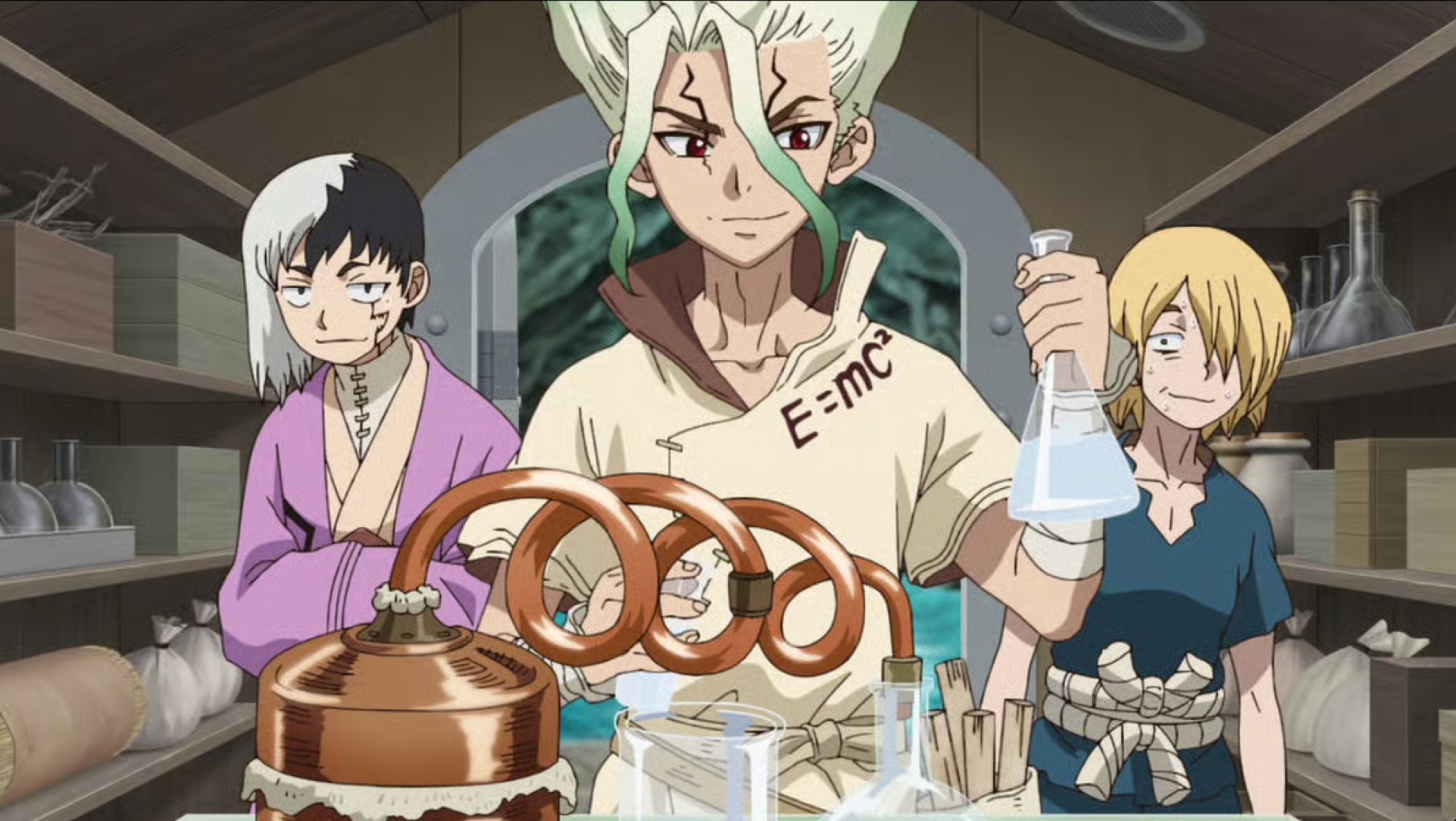 Senku in his lab with Chrome and Gen